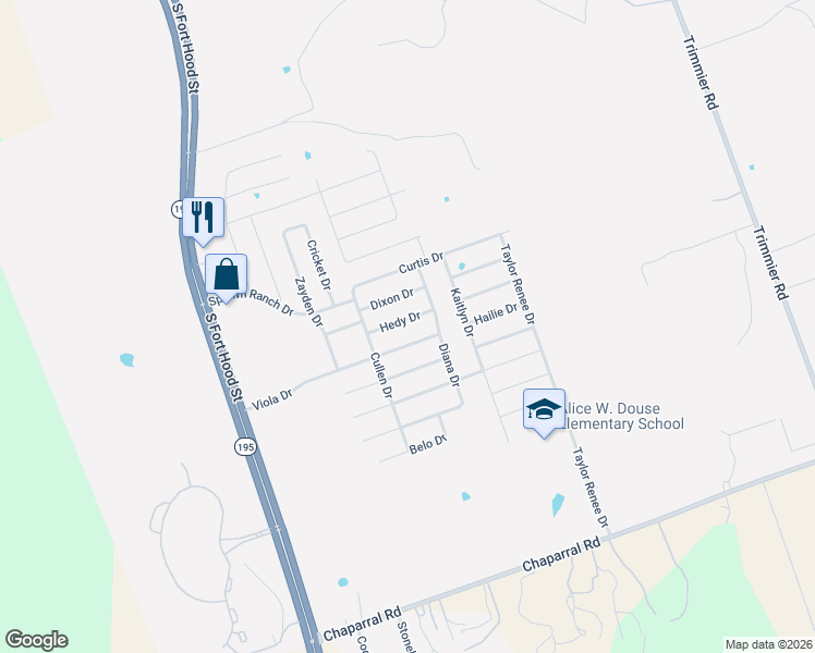 map of restaurants, bars, coffee shops, grocery stores, and more near 407 Viola Drive in Killeen