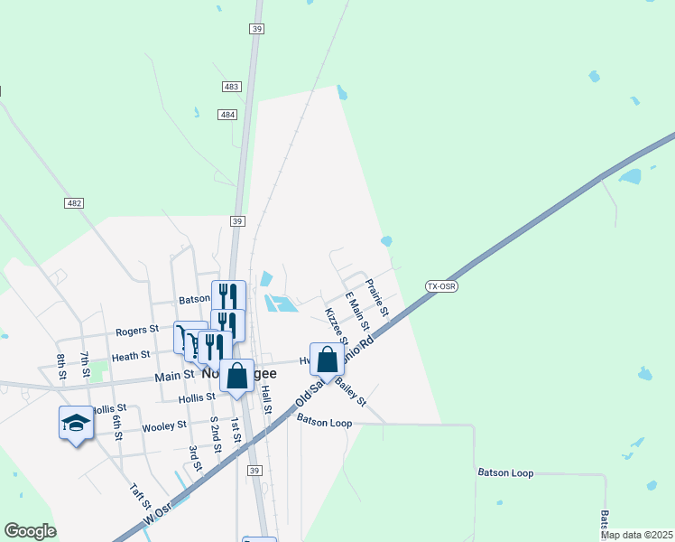 map of restaurants, bars, coffee shops, grocery stores, and more near 721 East Main Street in Normangee