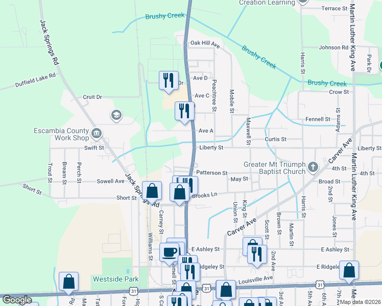 map of restaurants, bars, coffee shops, grocery stores, and more near 615 North Main Street in Atmore