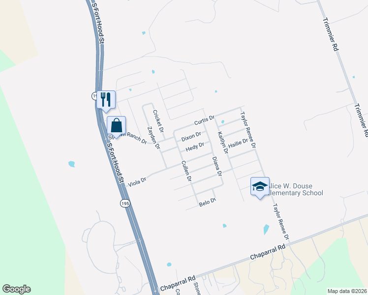 map of restaurants, bars, coffee shops, grocery stores, and more near 304 Hedy Drive in Killeen