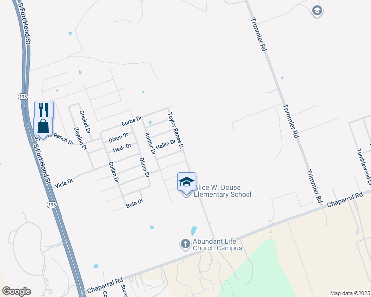 map of restaurants, bars, coffee shops, grocery stores, and more near 9708 Taylor Renee Drive in Killeen