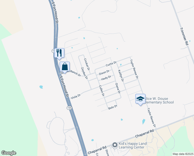 map of restaurants, bars, coffee shops, grocery stores, and more near 109 Fred Patrick Drive in Killeen