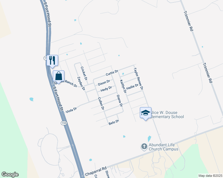 map of restaurants, bars, coffee shops, grocery stores, and more near 406 Hedy Drive in Killeen