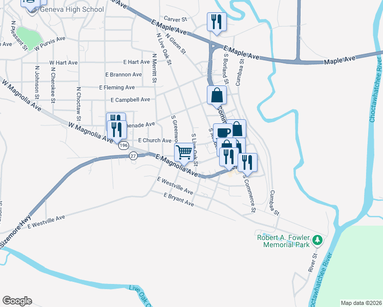 map of restaurants, bars, coffee shops, grocery stores, and more near 308 South Live Oak Street in Geneva