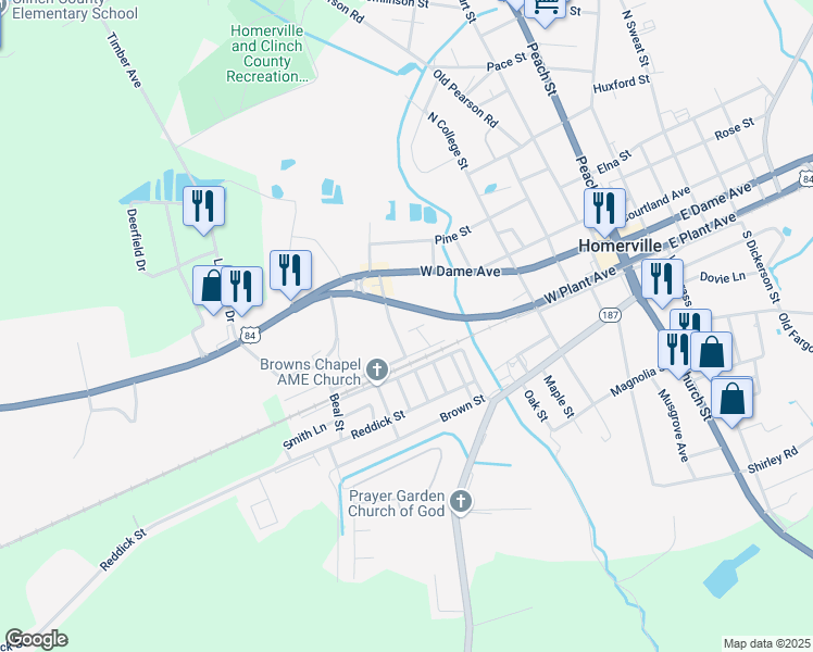 map of restaurants, bars, coffee shops, grocery stores, and more near 31 Washington Circle in Homerville