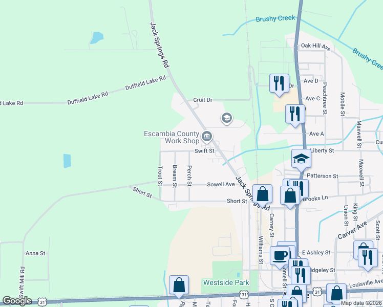map of restaurants, bars, coffee shops, grocery stores, and more near 612 Perch Street in Atmore