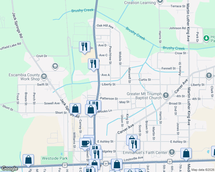 map of restaurants, bars, coffee shops, grocery stores, and more near 16 Liberty Street in Atmore