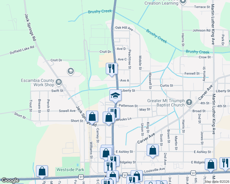 map of restaurants, bars, coffee shops, grocery stores, and more near 615-617 North Main Street in Atmore