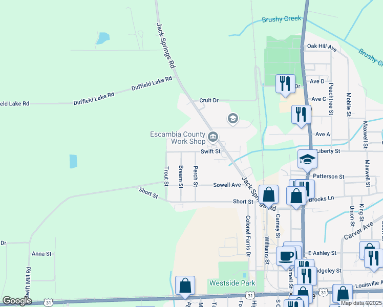 map of restaurants, bars, coffee shops, grocery stores, and more near 612 Perch Street in Atmore