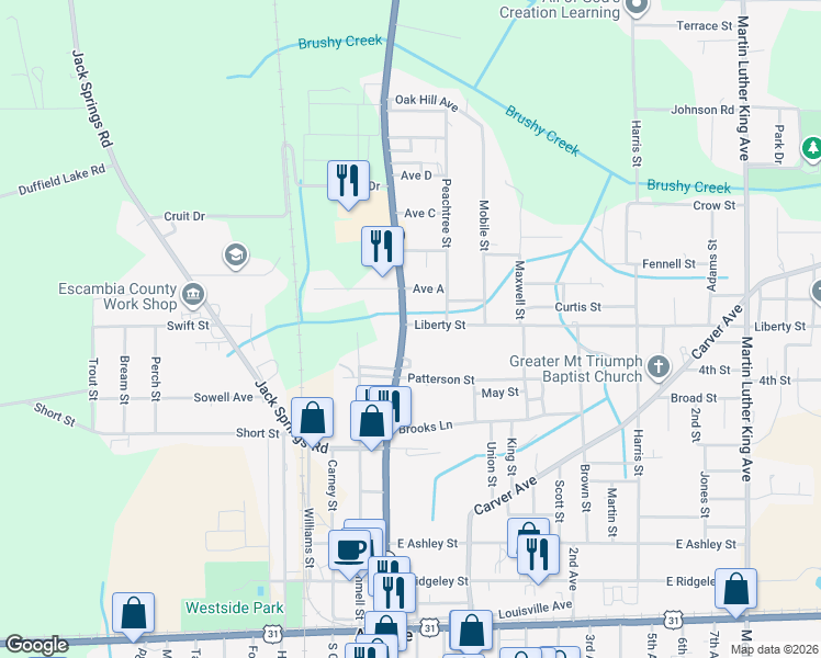 map of restaurants, bars, coffee shops, grocery stores, and more near 615-617 North Main Street in Atmore