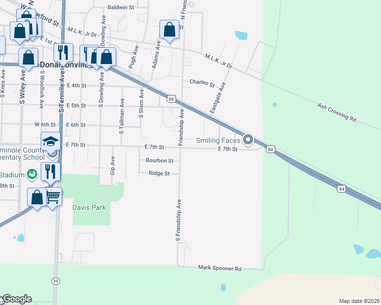 map of restaurants, bars, coffee shops, grocery stores, and more near 905 East 7th Street in Donalsonville