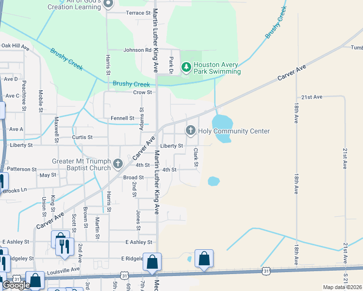 map of restaurants, bars, coffee shops, grocery stores, and more near Monroe Street in Atmore