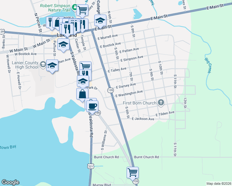 map of restaurants, bars, coffee shops, grocery stores, and more near 2 East Washington Avenue in Lakeland