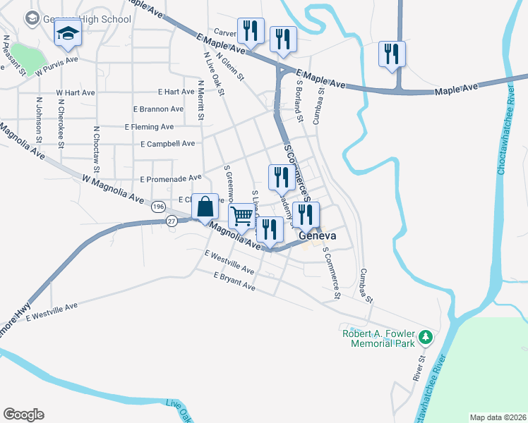 map of restaurants, bars, coffee shops, grocery stores, and more near 308 S Live Oak St in Geneva