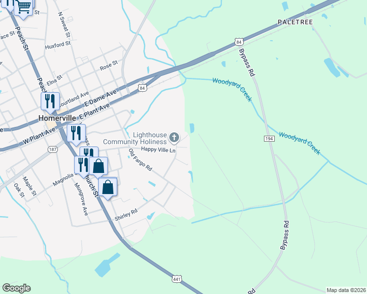 map of restaurants, bars, coffee shops, grocery stores, and more near 50-98 Stalvey Rd in Homerville