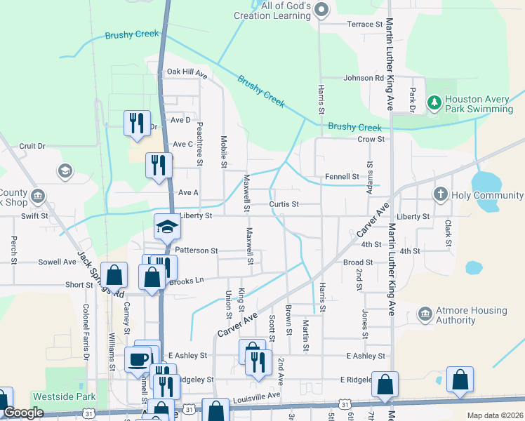 map of restaurants, bars, coffee shops, grocery stores, and more near 101-115 Curtis Street in Atmore