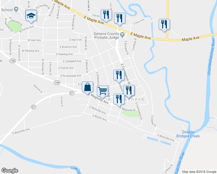 map of restaurants, bars, coffee shops, grocery stores, and more near 700 East Church Avenue in Geneva