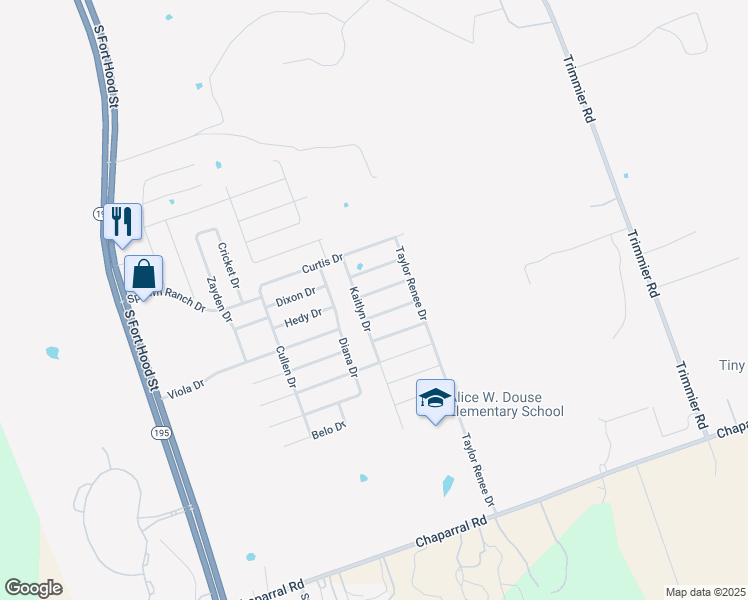 map of restaurants, bars, coffee shops, grocery stores, and more near 605 Brooklyn Kay Drive in Killeen