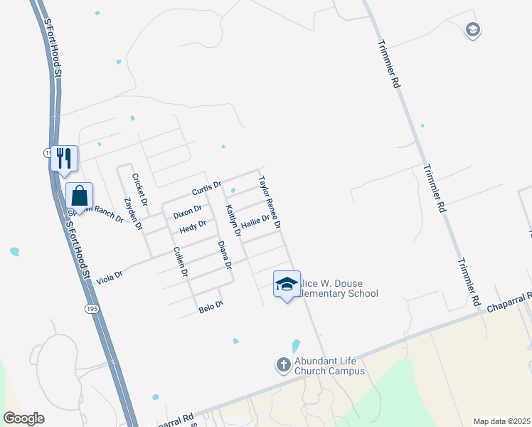 map of restaurants, bars, coffee shops, grocery stores, and more near 709 Hailie Drive in Killeen