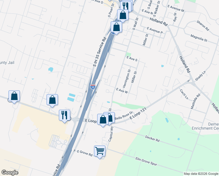 map of restaurants, bars, coffee shops, grocery stores, and more near 300 East Avenue West in Belton