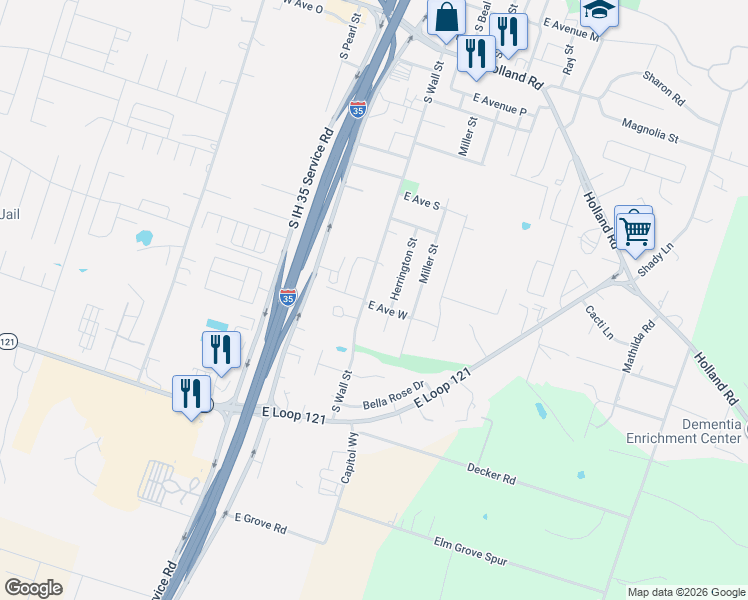 map of restaurants, bars, coffee shops, grocery stores, and more near 2212 South Wall Street in Belton