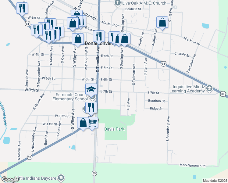 map of restaurants, bars, coffee shops, grocery stores, and more near 611 South Henderson Avenue in Donalsonville