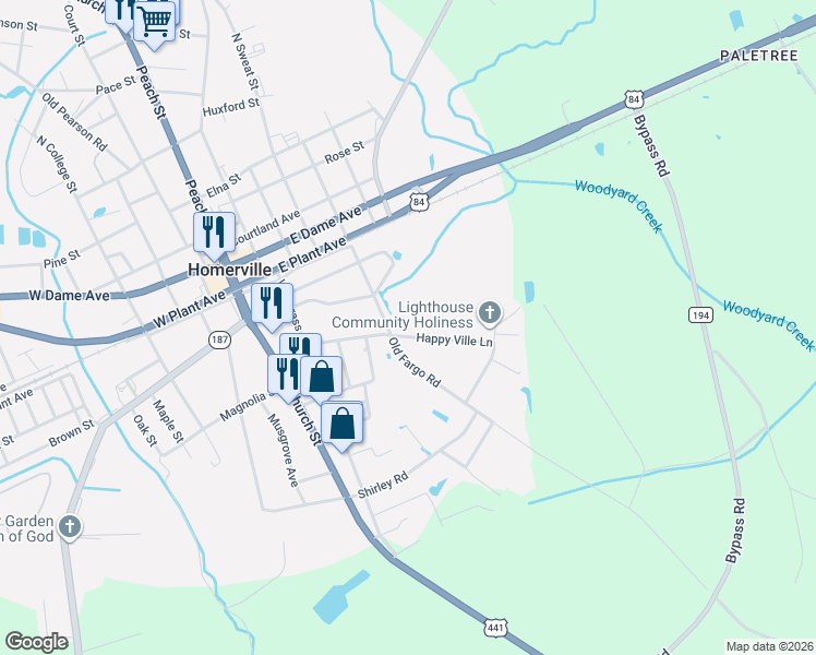 map of restaurants, bars, coffee shops, grocery stores, and more near 29 Happy Ville Lane in Homerville