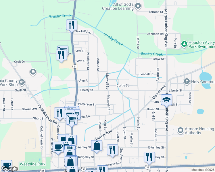 map of restaurants, bars, coffee shops, grocery stores, and more near 101 Curtis Street in Atmore
