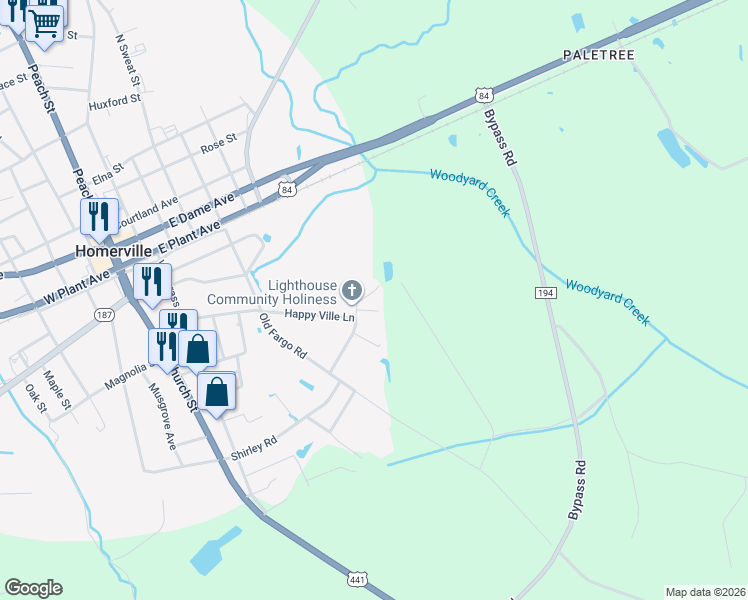map of restaurants, bars, coffee shops, grocery stores, and more near 50 Stalvey Road in Homerville