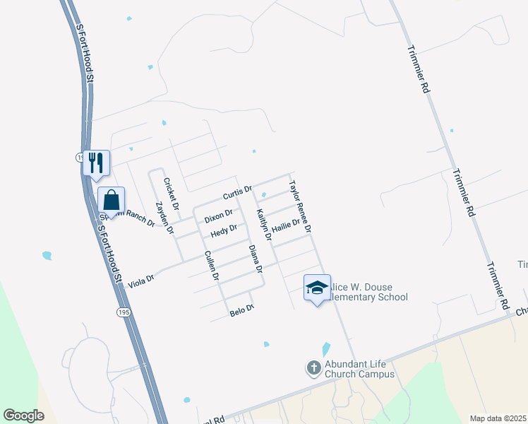 map of restaurants, bars, coffee shops, grocery stores, and more near 605 Brooklyn Kay Drive in Killeen