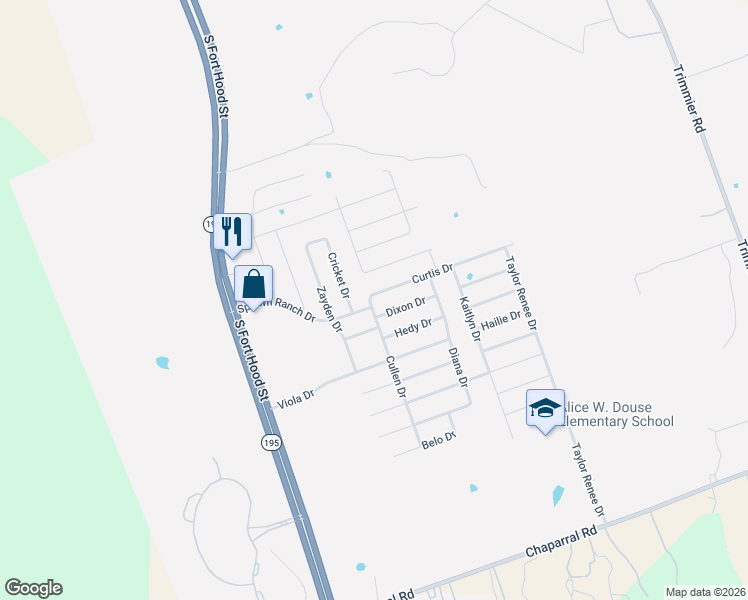 map of restaurants, bars, coffee shops, grocery stores, and more near 301 Curtis Drive in Killeen