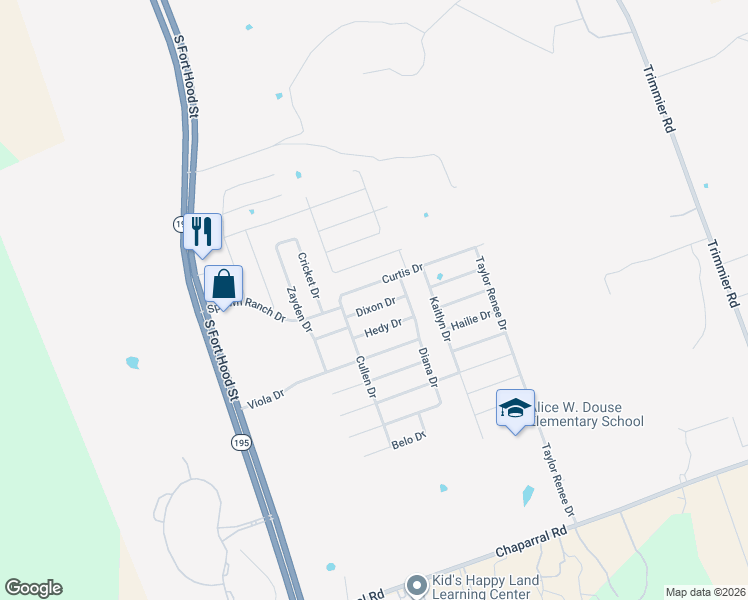map of restaurants, bars, coffee shops, grocery stores, and more near 308 Curtis Drive in Killeen