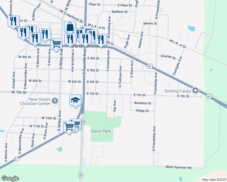map of restaurants, bars, coffee shops, grocery stores, and more near 512 East 7th Street in Donalsonville