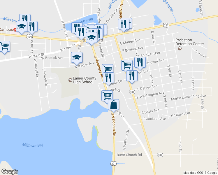 map of restaurants, bars, coffee shops, grocery stores, and more near 601 South Valdosta Road in Lakeland