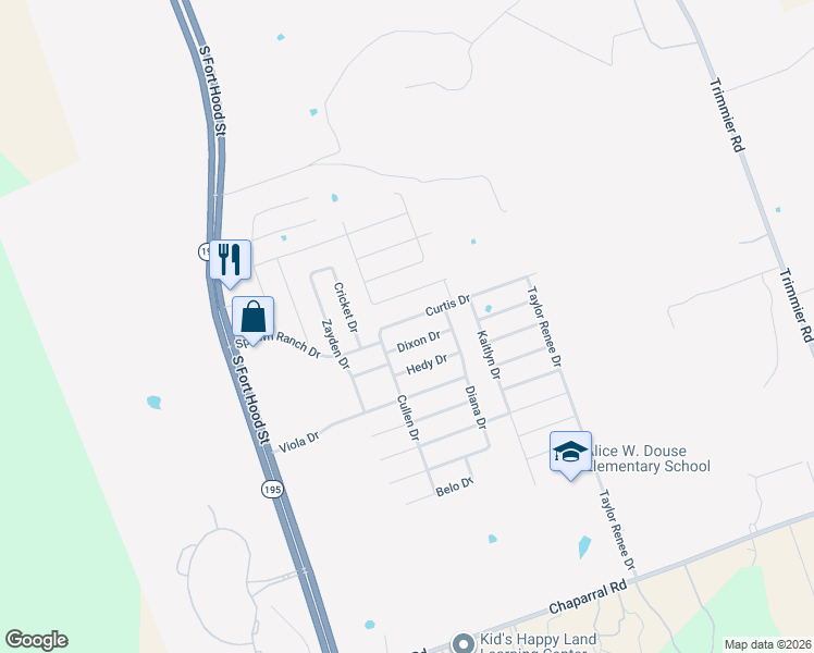 map of restaurants, bars, coffee shops, grocery stores, and more near 308 Curtis Drive in Killeen