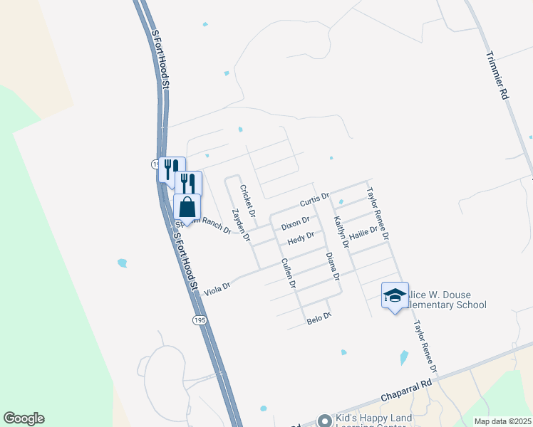 map of restaurants, bars, coffee shops, grocery stores, and more near 301 Curtis Drive in Killeen