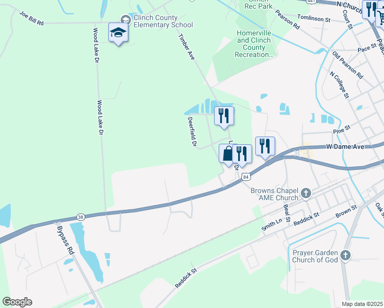 map of restaurants, bars, coffee shops, grocery stores, and more near 165 Deerfield Drive in Homerville