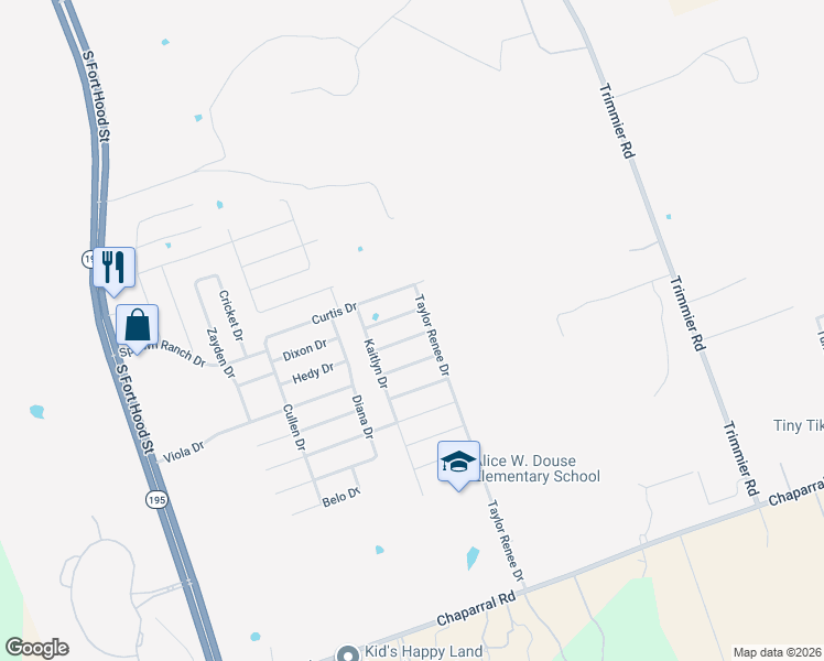 map of restaurants, bars, coffee shops, grocery stores, and more near 707 Brooklyn Kay Drive in Killeen