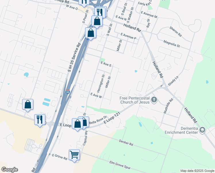 map of restaurants, bars, coffee shops, grocery stores, and more near 2109 Miller Street in Belton