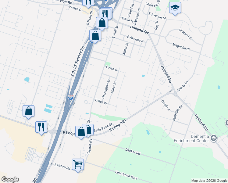 map of restaurants, bars, coffee shops, grocery stores, and more near 2109 Miller Street in Belton
