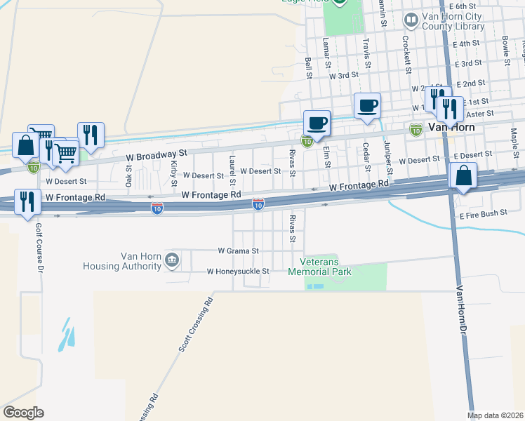 map of restaurants, bars, coffee shops, grocery stores, and more near 501 Sowell Street in Van Horn