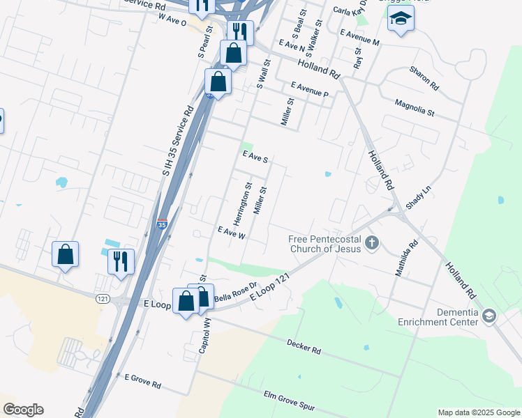 map of restaurants, bars, coffee shops, grocery stores, and more near 2107 Miller Street in Belton