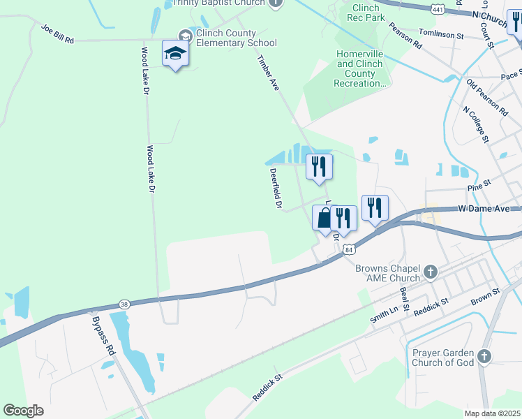 map of restaurants, bars, coffee shops, grocery stores, and more near 165 Deerfield Drive in Homerville