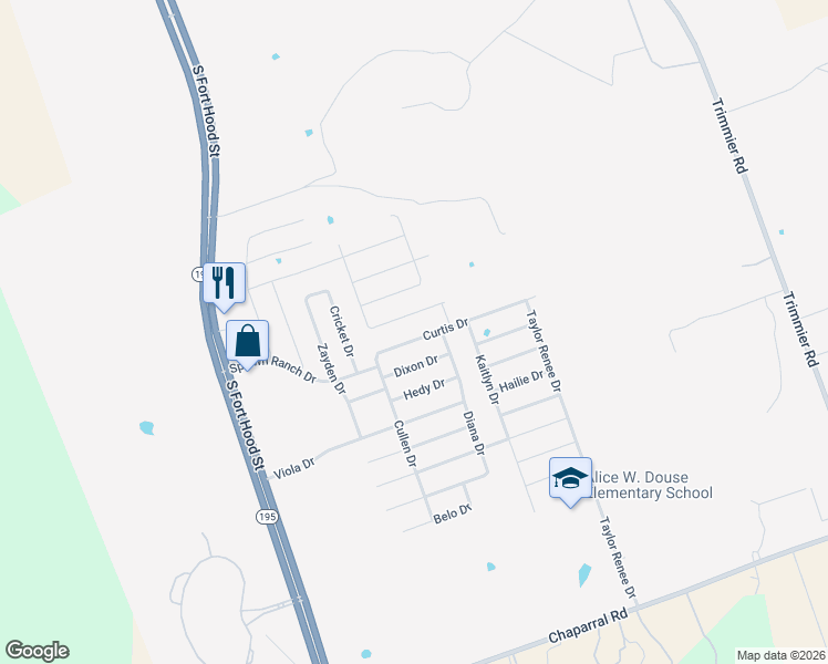 map of restaurants, bars, coffee shops, grocery stores, and more near 405 Curtis Drive in Killeen