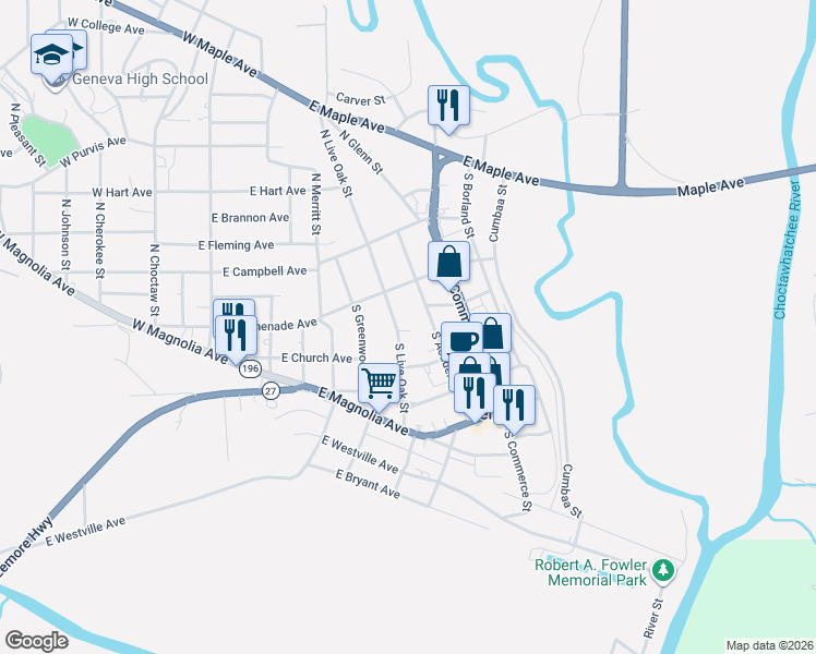 map of restaurants, bars, coffee shops, grocery stores, and more near 203 South Live Oak Street in Geneva