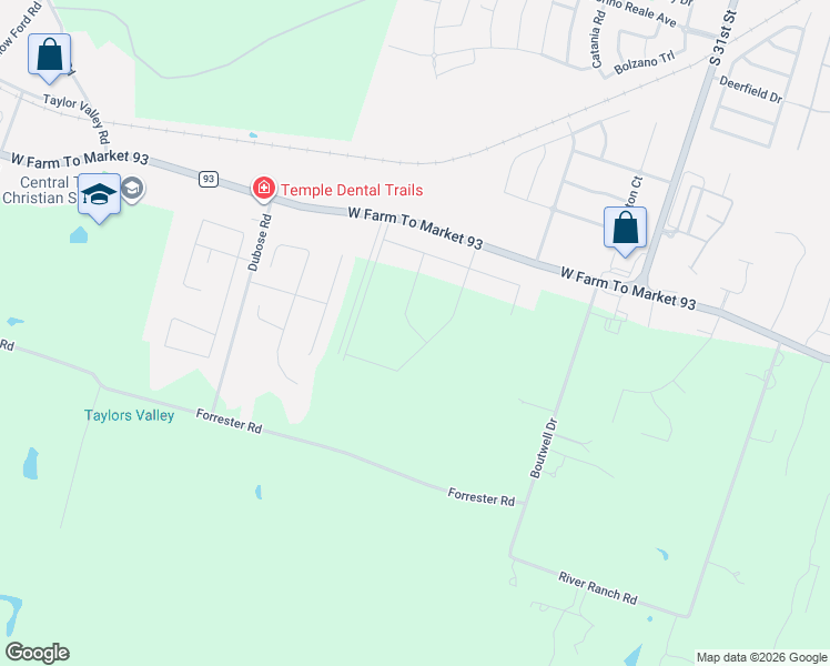 map of restaurants, bars, coffee shops, grocery stores, and more near 3093 Farm to Market Road 93 in Temple