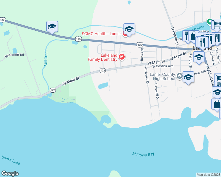 map of restaurants, bars, coffee shops, grocery stores, and more near 29 Rivers Road in Lakeland