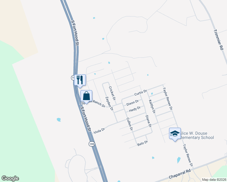 map of restaurants, bars, coffee shops, grocery stores, and more near 9302 Cricket Drive in Killeen