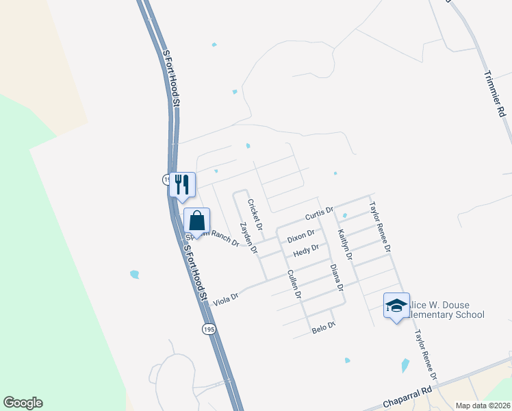 map of restaurants, bars, coffee shops, grocery stores, and more near 9205 Cricket Drive in Killeen