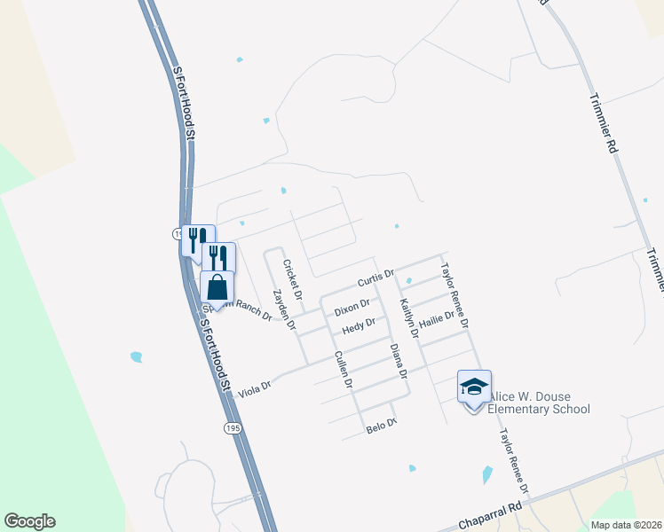 map of restaurants, bars, coffee shops, grocery stores, and more near 405 Curtis Drive in Killeen